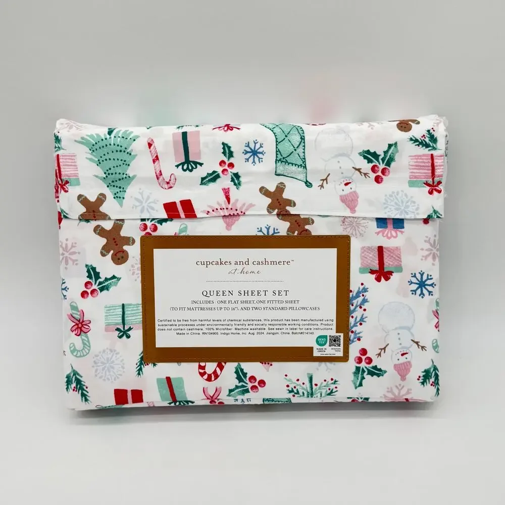 Cupcakes & Cashmere QUEEN Christmas Sheet Set Gingerbread Man Snowman Gifts NEW